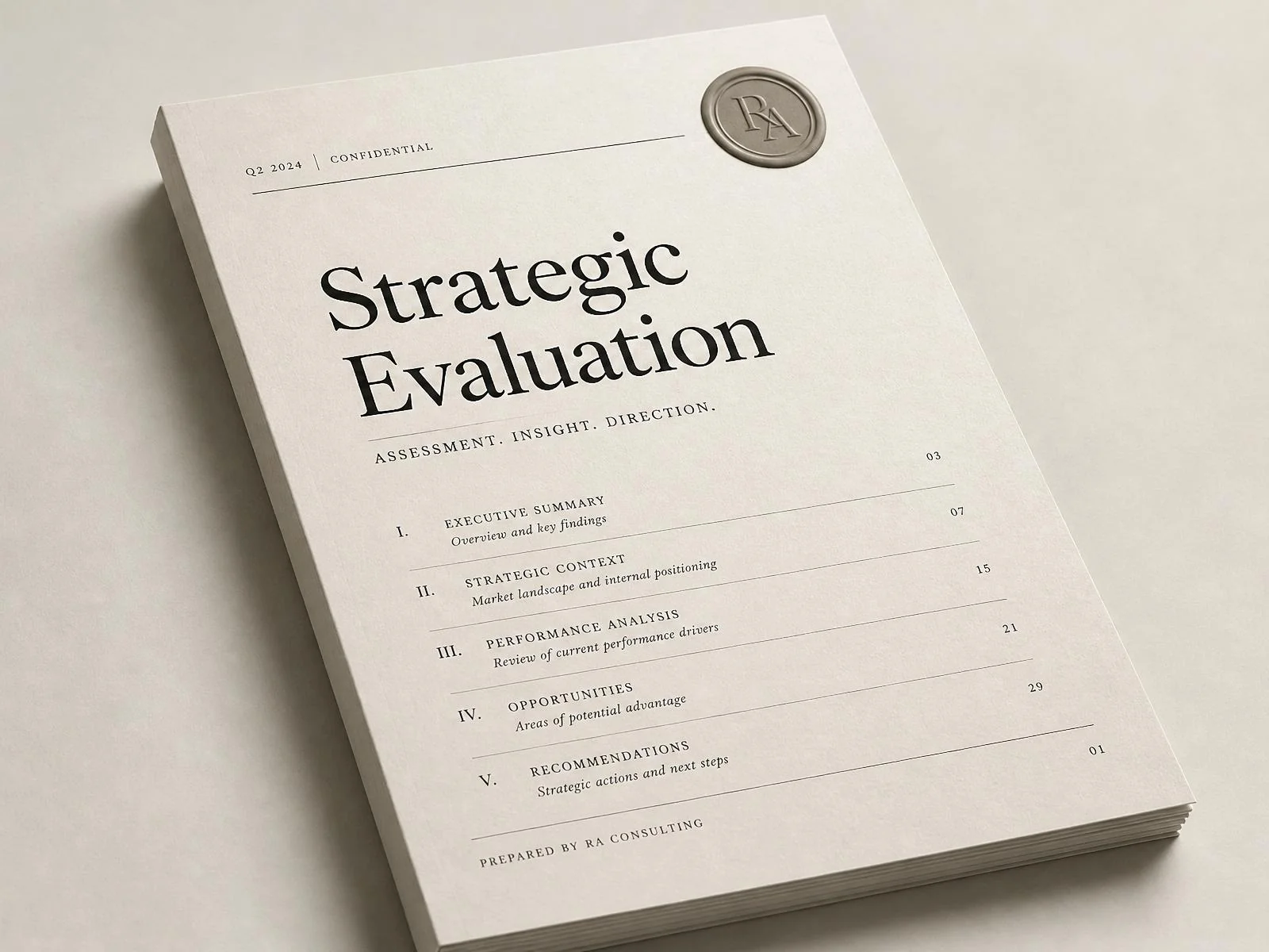 A printed Beryxa strategic evaluation report open on a desk, showing the executive summary and observations sections that founders receive as their deliverable.